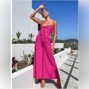 Commense Cotton Twist Detail Vibrant Pink Wide-Leg Jumpsuit Tie Front Outfit S